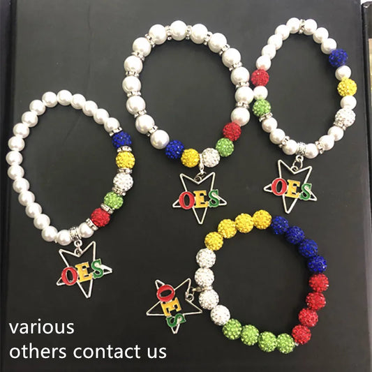 1pcs Masonic Eastern Star Of The Order Elastic Bracelet Hollow Out Enamel OES Glass Pearl Bangle Fashion DIY Gift Jewelry OGL269